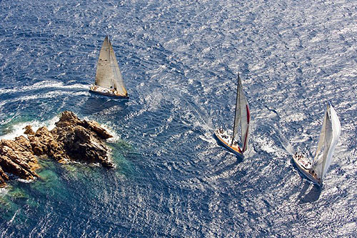 Great Britain's Gunter Herz's Allsmoke, Canada's Will Apold's Valkyrie	and Italy's Claudio Amendola Acaia Cube during race 5 in the Maxi Yacht Rolex Cup 2008. Copyright Rolex and Kurt Arrigo.