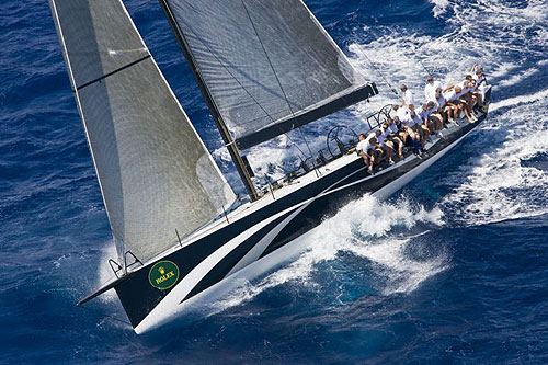Mayers and Bertarelli's Numbers, overall winner of the Mini Maxi Division, in the Maxi Yacht Rolex Cup 2008. Copyright Rolex and Daniel Forster.