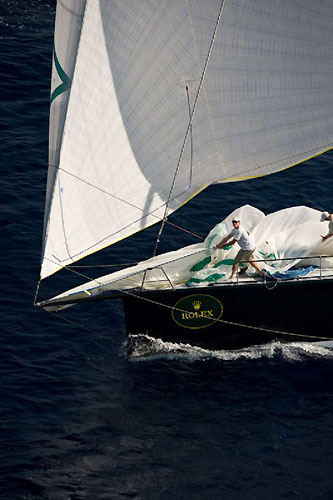 Bowman in action onboard Jim Swartz's STP65 Moneypenny, at sea during the Rolex Middle Sea Race 2008. Photo copyright ROLEX and Kurt Arrigo.