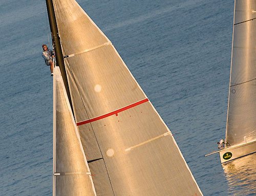 A wind spotter aloft on Roger Sturgeon's Rosebud / Team DYT, with Andres Soriano's Alegre in the background. Photo copyright ROLEX and Kurt Arrigo.