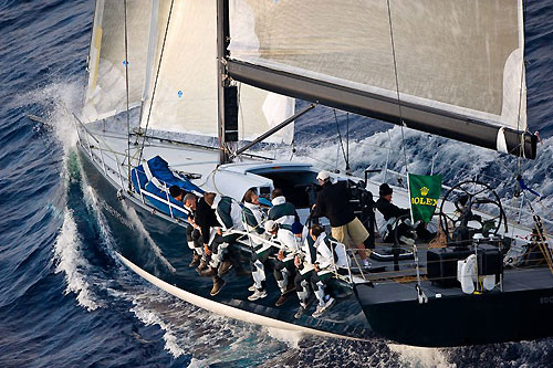 Jim Swartz's STP65 Moneypenny sailing south towards Pantelleria, during the Rolex Middle Sea Race 2008. Rolex Photographer Daniel Forster spending the race onboard is the last guy out on the rail at the stern. Photo copyright ROLEX and Kurt Arrigo.