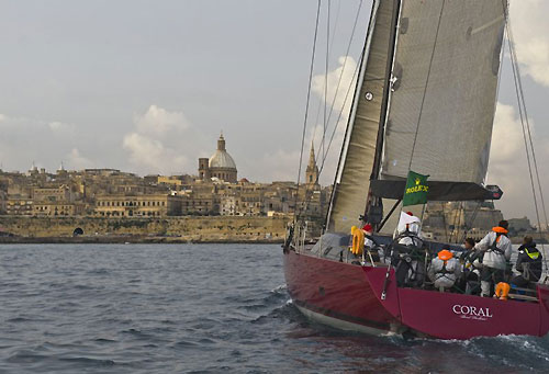 Gergiy Tushinskiy's Russian entry Coral, sailing into Valletta, Malta, during the Rolex Middle Sea Race 2008. Photo copyright ROLEX and Kurt Arrigo.