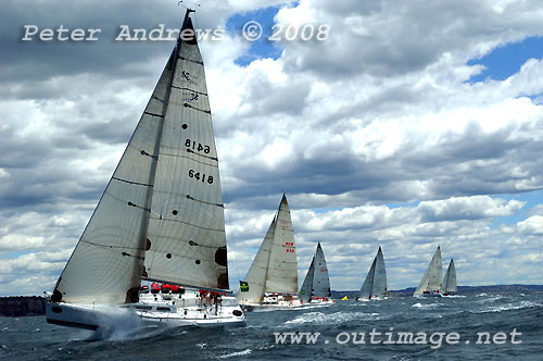 Tony Walls' Acuity (left), followed by Alan and Tom Quick's Iplex Outlaw; Ian and Shane Guanaria's The Tavern; and Stephen Proud's Swish, just after the start of the Sydney 38's second race on day 3 of the Rolex Trophy One Design Series, Sydney Australia. Photo copyright Peter Andrews.