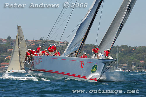 Bob Oatley's Wild Oats XI skippered by Mark Richards approaching the top mark on Sydney Harbour during the SOLAS Big Boat Challenge 2008. Photo copyright Peter Andrews.