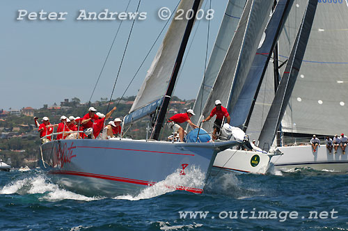 Bob Oatley's Wild Oats X skippered by Iain Murray at the top mark on Sydney Harbour with Alan Briety's brand new Reichel Pugh 62 Limit (centre) and Stephen Ainsworths brand new Reichel Pugh 63 Loki (right), during the SOLAS Big Boat Challenge 2008. Photo copyright Peter Andrews.