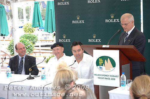 Mark Richards, skipper of Wild Oats XI (seated responding to media questions at the official launch of the Rolex Sydney Hobart Yacht Race 2008. Left of Mark is Ian Kiernan of Sanyo Maris who is undertaking first race to Hobart since 1998 and CYCA Commodore Matt Allen far left. Leading the panel discusion (standing, right) is Gordon Bray from the 7 Television Network Australia. Photo copyright Peter Andrews.