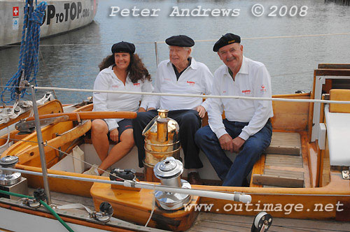 Seen onboard Sanyo Maris back in November 2008 are co-owners Tiare Tomaszewsk (left) Ian Kiernan (Right) and Richard Sighty' Hammond (centre). A regular crew member, Richard did not go to Hobart, but had fired the historic CYCA cannon for the 10 minutes to the official start of the race. Photo copyright Peter Andrews.