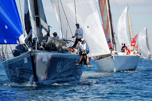 Peter Harburg’s Reichel Pugh 66 Black Jack, ahead of Ray Roberts’ Evolution Sails, just after the start of the Club Marine Brisbane to Keppel Tropical Yacht Race 2009. Photo copyright Suellen Hurling.