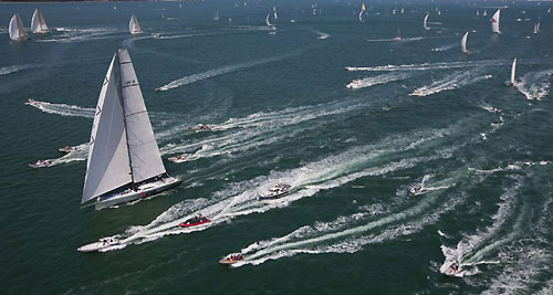 Mike Slade's Farr 100, ICAP Leopard, leading the fleet after the start of the Rolex Fastnet Race 2009. Photo copyright Rolex - Carlo Borlenghi.