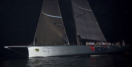 Line honours winner Mike Slade's Farr 100 ICAP Leopard, crosses the finish line at Sutton Harbour, Plymouth, during the Rolex Fastnet Race 2009. Photo copyright Rolex - Carlo Borlenghi.