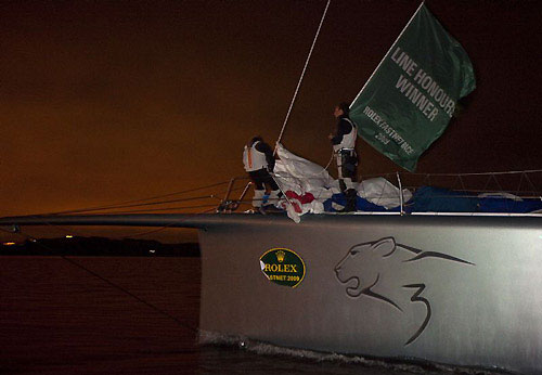 Line honours winner Mike Slade's Farr 100 ICAP Leopard, after finishing in Sutton Harbour, Plymouth, during the Rolex Fastnet Race 2009. Photo copyright Rolex - Carlo Borlenghi.