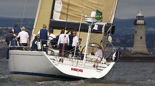 Norbert Plambeck's German Frers 80 Hexe, sails through the finish line of the Rolex Fastnet Race 2009. Photo copyright Rolex - Carlo Borlenghi.