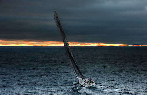 Mike Slade's Farr 100 ICAP Leopard at dusk, heading to the Fastnet Rock during the recent Rolex Fastnet Race 2009. Photo copyright Rolex - Carlo Borlenghi.