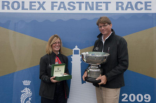 Niklas and Catherine Zennstrom from RAN 2, at the Prizegiving held at The Royal Citadel Barracks in Plymouth, with the trophy for their overall win in the 2009 Rolex Fastnet Race. Photo copyright Rolex - Carlo Borlenghi.