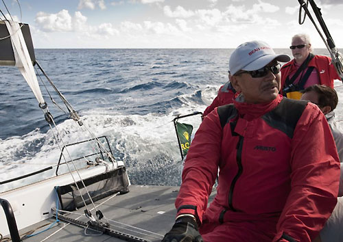 Karl Kwok onboard Beau Geste, during the lead-up to the Rolex Middle Sea Race 2009. Photo copyright Rolex / Kurt Arrigo.