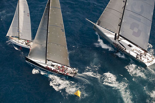 Hap Fauth's RP69 Bella Mente, Mike Slade's Farr 100 ICAP Leopard and Matteo Miceli's Class 40 Este 40, rounding the first mark off Grand Harbour, after the start of the Rolex Middle Sea Race 2009.Photo copyright Rolex / Kurt Arrigo.