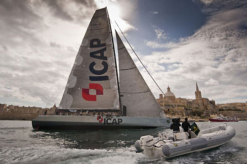 Mike Slade's Farr 100 ICAP Leopard arriving in Marsamxett Harbour, to take line honours in the Rolex Middle Sea Race 2009. Photo copyright Rolex - Alan Carville.