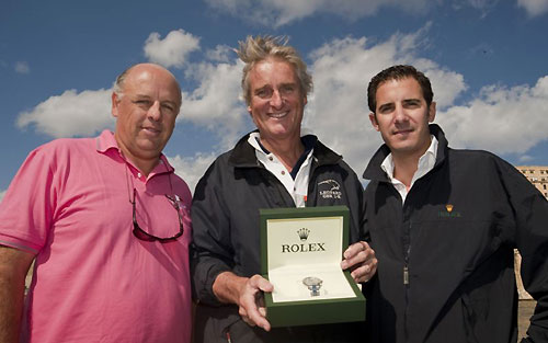Line Honours Presentation, L-R: Georges Bonello DuPuis (RMYC Commodore), Mike Slade (ICAP Leopard) and Malcolm Lowell Jr. from Edwards' Lowell, during the Rolex Middle Sea Race 2009. Photo copyright Rolex / Alan Carville.