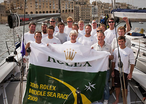 Andres Soriano and his crew on Alegre, after winning overall in the 30th Rolex Middle Sea Race. Photo copyright Rolex / Kurt Arrigo.