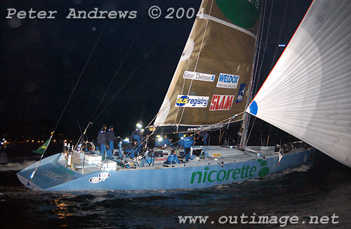 Ludde Ingvall's original Nicorette claiming line honours in the Rolex Sydney Hobart 2004. Photo copyright Peter Andrews, Outimage.