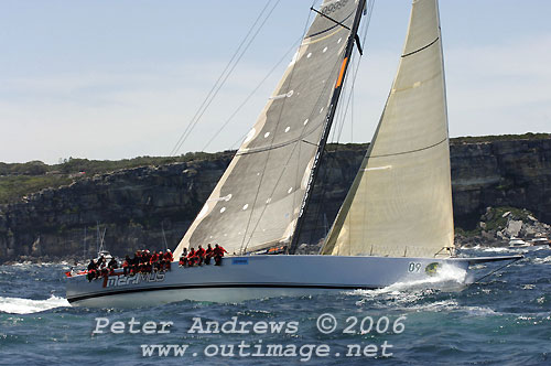 Out on the rail on Charles St Clair Brown and Bill Buckley's Elliott 100 maxi Maximus at the heads after the start of the 2006 Rolex Sydney to Hobart Yacht Race. This year, Sean will race this boat to Hobart under the name Investec LOYAL. Photo copyright Peter Andrews, Outimage.