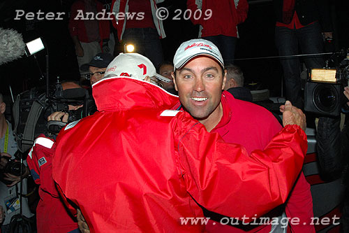 A true sportsman, Skipper Mark Richards of Wild Oats XI can still raise a smile after finishing what could only be described as a challenging race. Photo copyright Peter Andrews, Outimage.