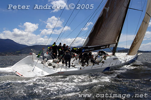 Peter Millard and John Honan’s Bakewell-White designed 30m maxi Lahana when it was Zana, working up the Derwent River towards the Hobart finishing line at the end of the 2005 Rolex Sydney Hobart Yacht Race. Photo copyright Peter Andrews, Outimage.