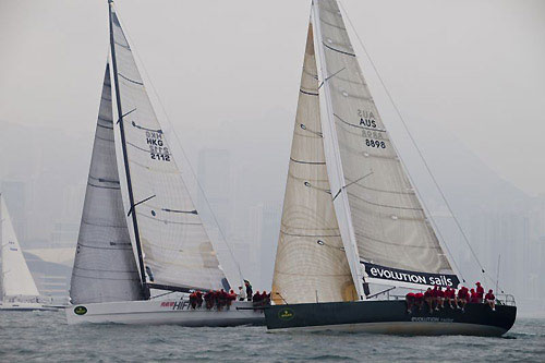 Ray Roberts' TP52 Evolution Racing and Neil Pryde's Welbourne 52 Custom HIFI, after the start of the Rolex China Sea Race 2010. Photo copyright Daniel Forster, Rolex.