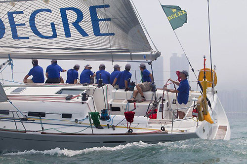 Y K Szeto's Beneteau First 44.7 Cloud leaving Victoria Harbour for Subic Bay, after the start of the Rolex China Sea Race 2010. Photo copyright Daniel Forster, Rolex.