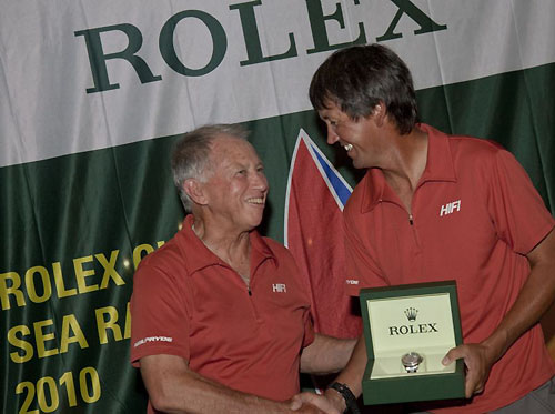 Neil Pryde presents the his Rolex Yacht-Master for IRC Overall to Hi Fi's Boat Captain, Kevin Costen. Photo copyright Daniel Forster, Rolex.