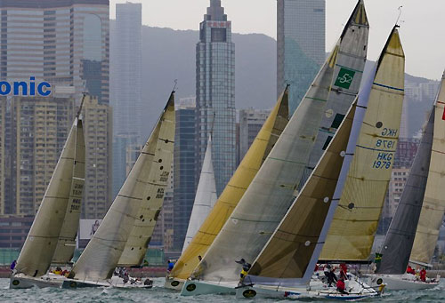 IRC Racing Division fleet start of the 2008 Rolex China Sea Race with Hong Kong skyline in the background. Photo copyright Rolex, Carlo Borlenghi.