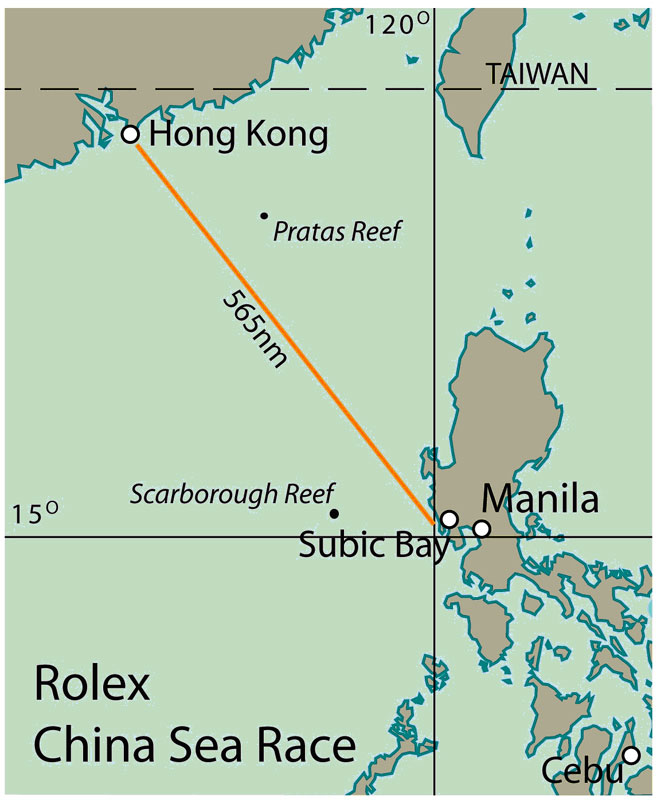 The map showing the route of the Rolex China Sea Race from Hong Kong to Subic Bay in the Phillipines.