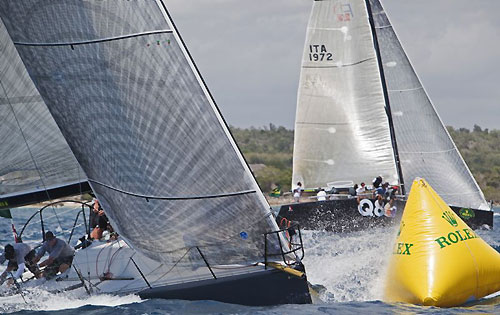 Helmut and Evan Jahn's Flash Gordon 6 and Massimo Mezzaroma's Nerone rounding the mark during the Rolex Farr 40 Pre-Worlds. Photo copyright Daniel Forster, Rolex.