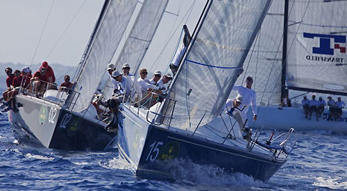 Jim Richardson's Barking Mad ahead of Massimo Mezzaroma's Nerone and Guido Belgiorno-Nettis' Transfusion, during day 1 of the Rolex Farr 40 Worlds 2010 in Casa de Campo. Photo copyright Daniel Forster, Rolex.