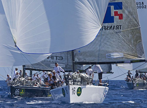 Guido Belgiorno-Nettis' Transfusion and Lisa and Martin Hill's Estate Master leading the fleet downwind, during day 1 of the Rolex Farr 40 Worlds 2010 in Casa de Campo. Photo copyright Daniel Forster, Rolex.