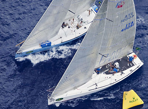 Doug Douglass' Goombay Smash and Alberto Rossi's Enfant Terrible rounding the top mark during the Rolex Farr 40 Worlds 2010 in Casa de Campo. Photo copyright Daniel Forster, Rolex.