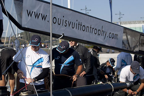 Louis Vuitton Trophy, La Maddalena, Sardegna. Frist day of racing as the TeamOrigin crew gets ready for the dockout. Photo copyright Bob Grieser, Outsideimages NZ and Louis Vuitton Trophy.