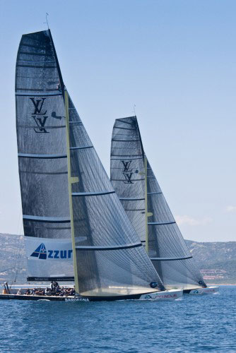 Louis Vuitton Trophy, La Maddalena, Sardegna, Italy, May 22nd until June 6th 2010. First day of racing for the teams but only two races finished before the wind shut down. Mascalzone Latino Audi Team verses Azurra. Photo copyright Bob Grieser, Outsideimages NZ and Louis Vuitton Trophy.