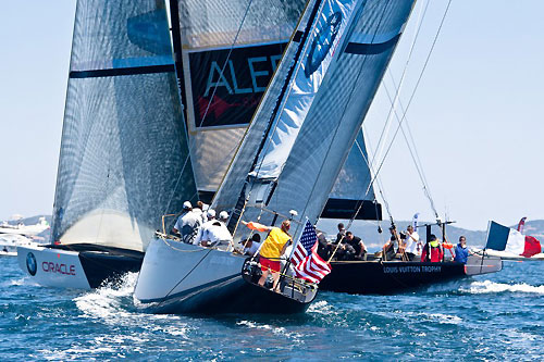 Louis Vuitton Trophy, La Maddalena, Italy, May 22nd-June 6th 2010. Race Day 2. ALEPH vs BMW ORACLE Racing. Photo copyright Bob Grieser, Outsideimages NZ and Louis Vuitton Trophy.