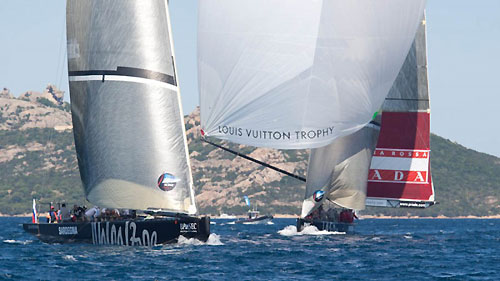 Louis Vuitton Trophy, La Maddalena, Italy, May 22nd-June 6th 2010. Day4. Synergy verses Luna Rossa. Photo copyright Bob Grieser, Outsideimages NZ and Louis Vuitton Trophy.