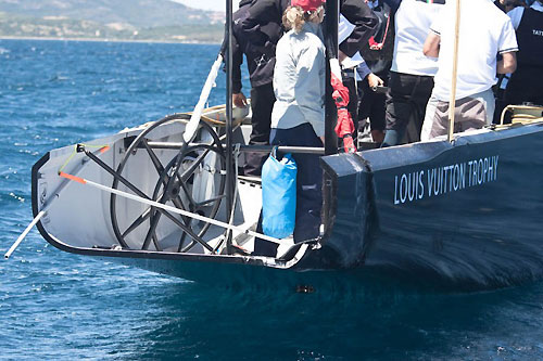 Louis Vuitton Trophy, La Maddalena, Italy, May 22nd-June 6th 2010. Race Day 4. The stern of Azurra's boat after the collision with ALEPH. Photo copyright Bob Grieser, Outsideimages NZ and Louis Vuitton Trophy.