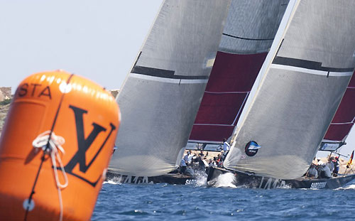 Louis Vuitton Trophy, La Maddalena, Sardegna. Race day four saw plenty of action in the steady 18 knots of wind. Heading for the start line is TEAMORIGIN and All4One. Photo copyright Bob Grieser, Outsideimages NZ and Louis Vuitton Trophy.