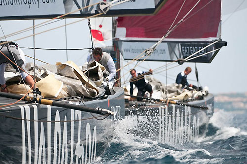 Louis Vuitton Trophy, La Maddalena, Italy. Race Day 8. Azzurra (ITA) verses Synergy (RUS). Photo copyright Paul Todd, Outsideimages NZ and Louis Vuitton Trophy.
