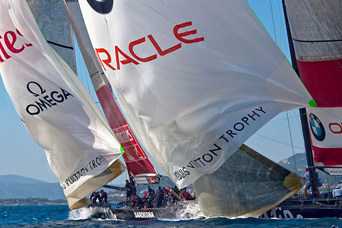 Louis Vuitton Trophy, La Maddalena, Italy. Race Day 9. BMW ORACLE Racing (USA) verses Emirates Team New Zealand (NZL). Photo copyright Bob Grieser, Outsideimages NZ and Louis Vuitton Trophy.