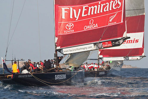 Louis Vuitton Trophy, La Maddalena, Italy, May 22nd-June 6th 2010. Race Day 11. Artemis (SWE) verses Emirates Team New Zealand (NZL). Photo copyright Bob Grieser, Outsideimages NZ and Louis Vuitton Trophy.