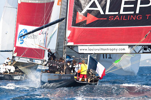 Louis Vuitton Trophy, La Maddalena, Italy, May 22nd-June 6th 2010. Race Day 12. All4ONE (GER) verses ALEPH Sailing Team. Photo copyright Bob Grieser, Outsideimages NZ and Louis Vuitton Trophy.