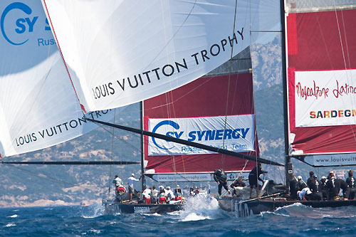 Louis Vuitton Trophy, La Maddalena, Italy, May 22nd-June 6th 2010. Race Day 13. Mascalzone Latino Audi Team (ITA) verses Synergy (RUS). Photo copyright Bob Grieser, Outsideimages NZ and Louis Vuitton Trophy.