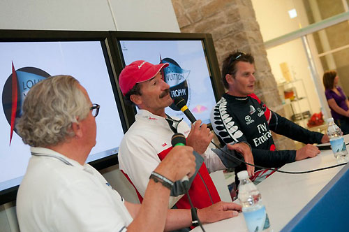 Louis Vuitton Trophy, La Maddalena, Italy, May 22nd-June 6th 2010. Race Day 14. Semi Finals. Paul Cayard from Artemis and Dean Barker from Emirates Team New Zealand at the post race press conference. Photo copyright Paul Todd, Outsideimages NZ and Louis Vuitton Trophy.