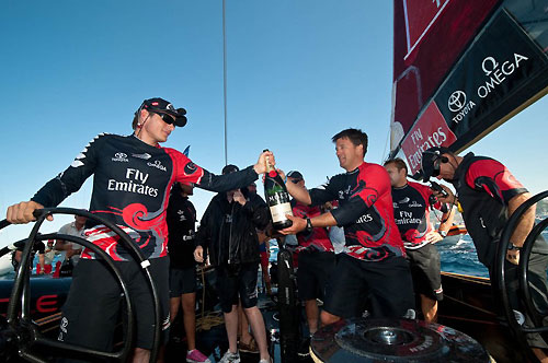 Louis Vuitton Trophy, La Maddalena, Italy, May 22nd-June 6th 2010. Race Day 16. Final: Emirates Team New Zealand (NZL) celebrates the victory onboard. Photo copyright Paul Todd, Outsideimages NZ and Louis Vuitton Trophy.