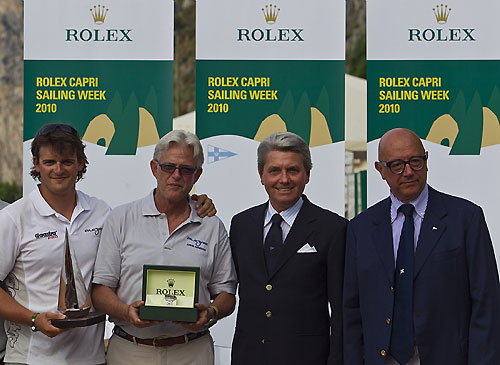Andres Soriano, owner of the mini maxi Alegre, receives a Rolex timepiece from Mr. Marini of Rolex, Italy. Photo copyright Carlo Rolex and Borlenghi.